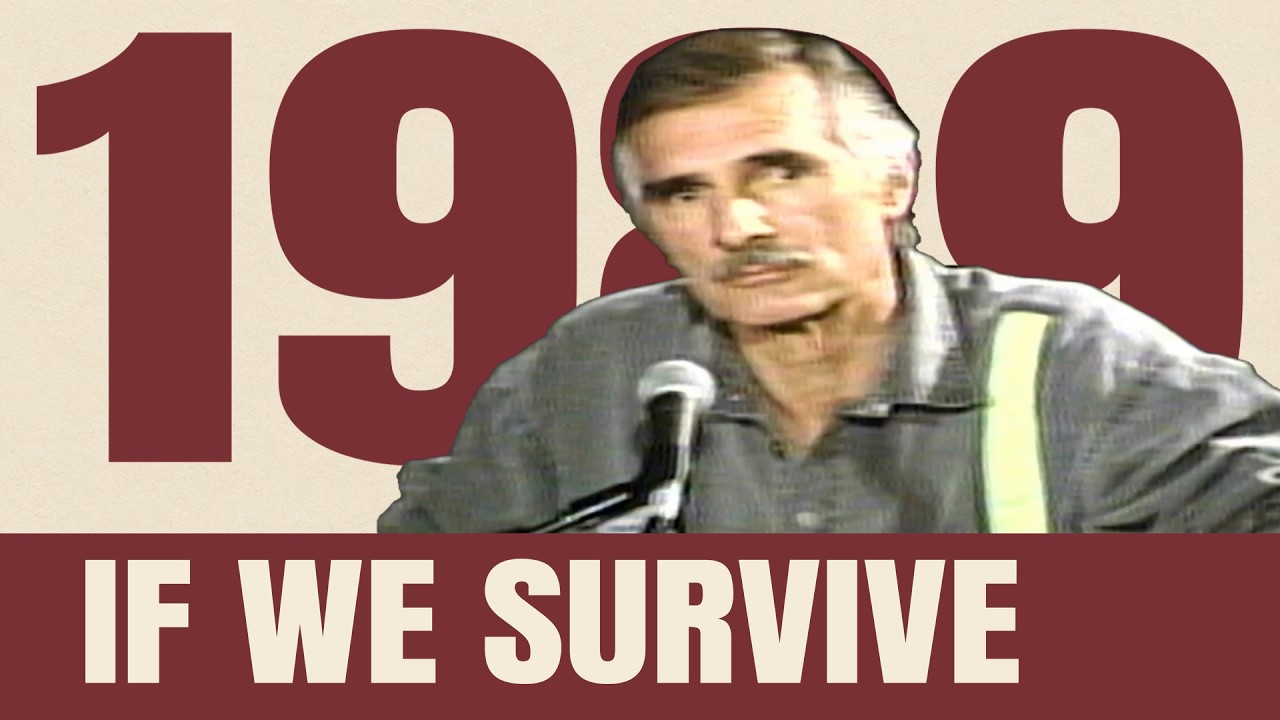 Dennis Weaver at a microphone, with 1989 and the words If We Survive